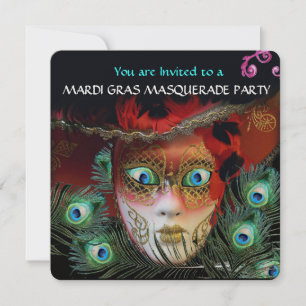 RED MASK AND  PEACOCK FEATHERS MASQUERADE PARTY INVITATION