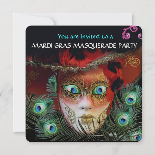 RED MASK AND  PEACOCK FEATHERS MASQUERADE PARTY INVITATION