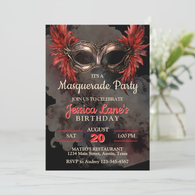 Red Mask Masquerade Party Birthday Invitation (Standing Front)