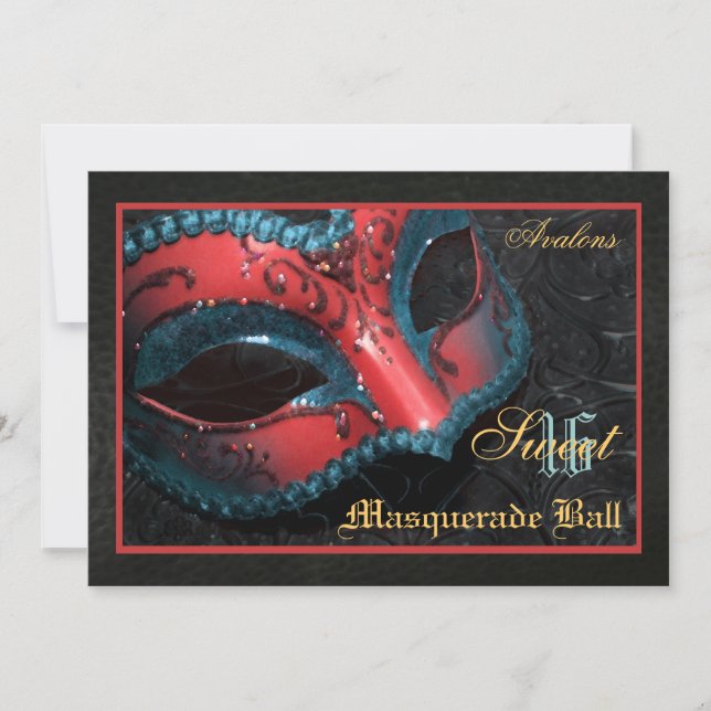 Red  Mask Masquerade Sweet 16 Party Invitation (Front)