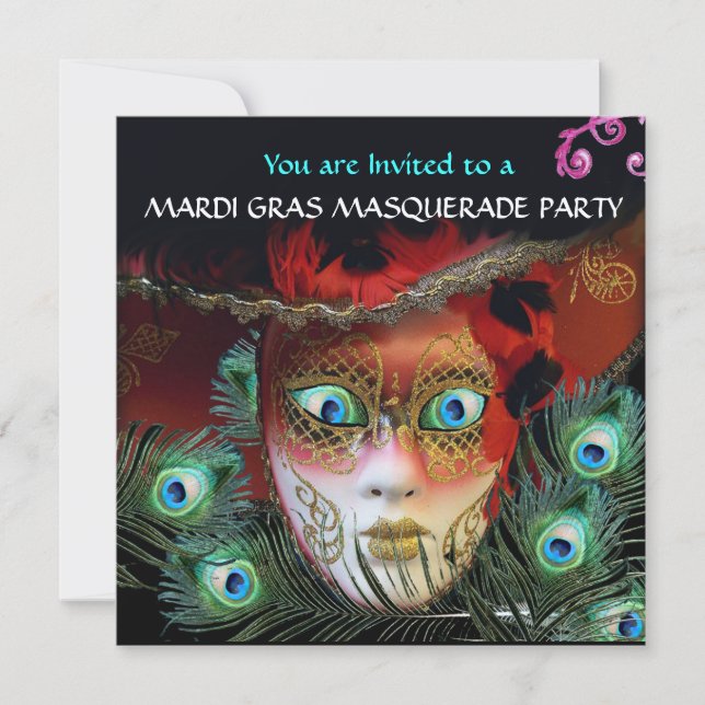 RED MASK  PEACOCK FEATHERS GOLD MASQUERADE PARTY INVITATION (Front)