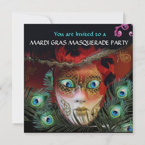 RED MASK  PEACOCK FEATHERS GOLD MASQUERADE PARTY INVITATION
