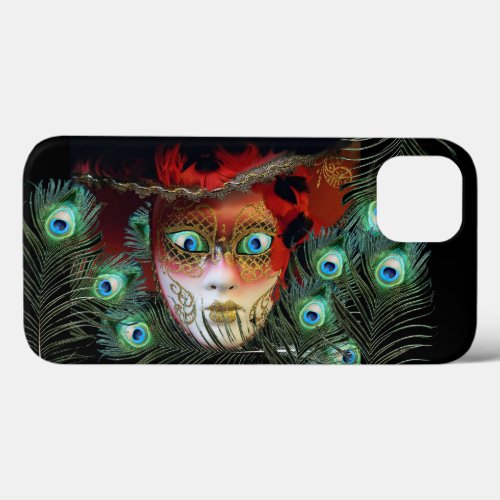 RED MASK WITH  PEACOCK FEATHERS MASQUERADE PARTY iPhone 13 CASE