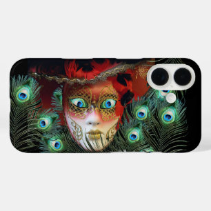RED MASK WITH  PEACOCK FEATHERS MASQUERADE PARTY iPhone 16 CASE
