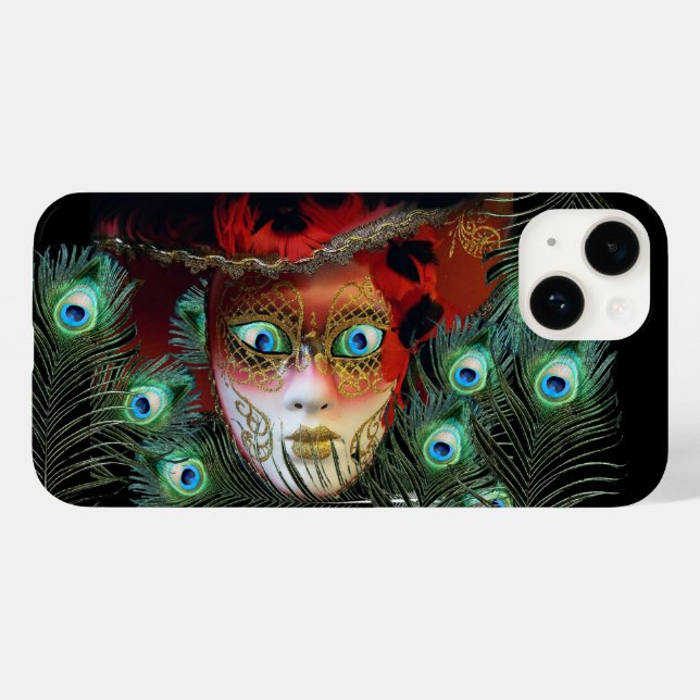 RED MASK WITH  PEACOCK FEATHERS MASQUERADE PARTY Case-Mate iPhone CASE (Back (Horizontal))