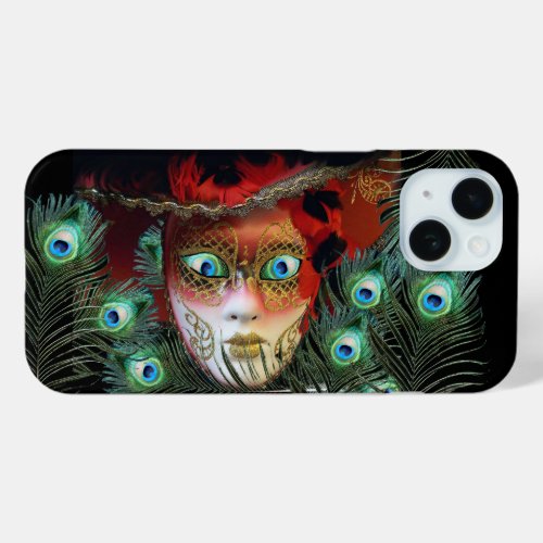 RED MASK WITH  PEACOCK FEATHERS MASQUERADE PARTY iPhone 15 CASE