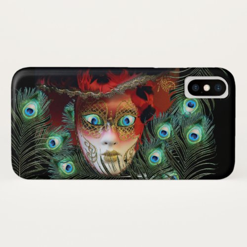 RED MASK WITH  PEACOCK FEATHERS MASQUERADE PARTY iPhone X CASE