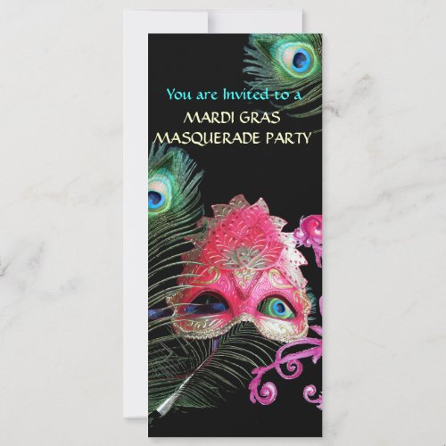 RED MASK WITH  PEACOCK FEATHERS MASQUERADE PARTY INVITATION