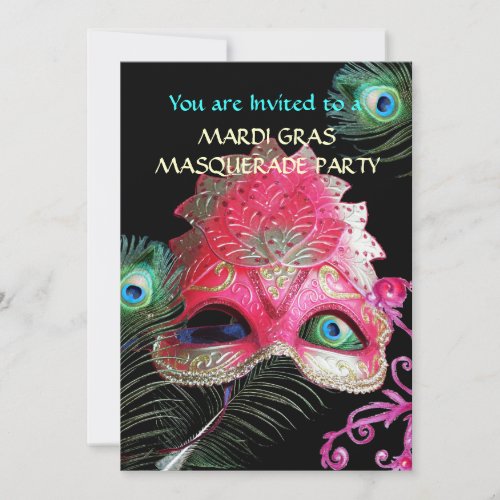 RED MASK WITH  PEACOCK FEATHERS MASQUERADE PARTY INVITATION