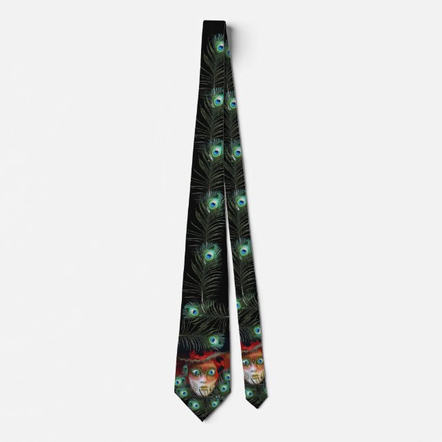 RED MASK WITH  PEACOCK FEATHERS MASQUERADE PARTY TIE (Front)