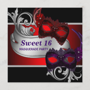 Red Masks Sweet 16 Masquerade Party Invitation