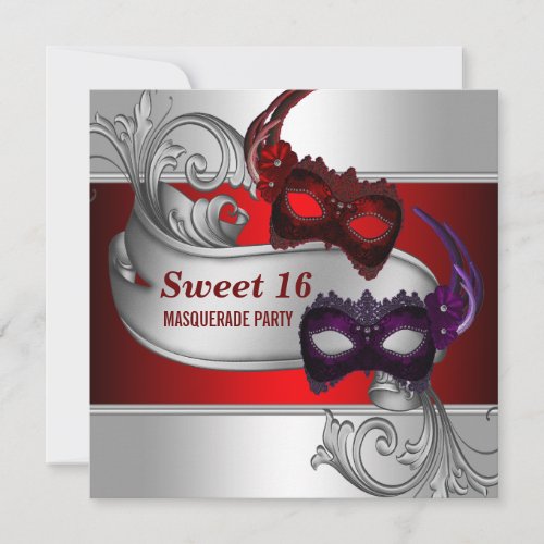 Red Masks Sweet 16 Masquerade Party Invitation