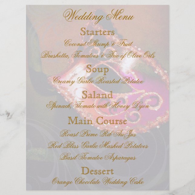Red Masquerade Ball Wedding Menu Flyer (Front)