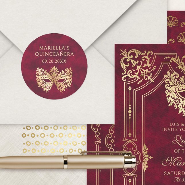 Red Masquerade Mask Elegant Quinceanera Classic Round Sticker (Creator Uploaded)