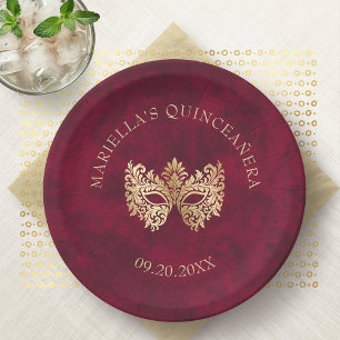 Red Masquerade Mask Elegant Quinceanera Paper Plates