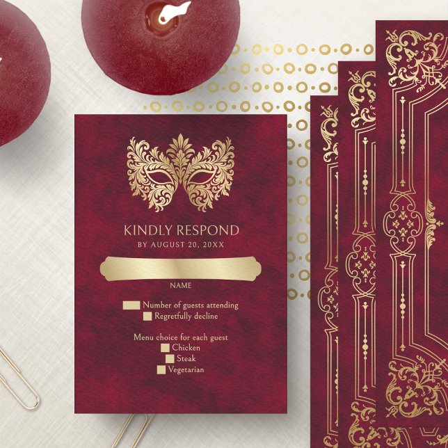Red Masquerade Mask Elegant Quinceanera RSVP Card (Creator Uploaded)