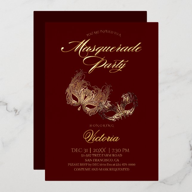 Red Masquerade Party  Foil Invitation (Front/Back)