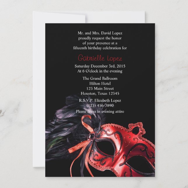 Red Masquerade Quinceanera Ball Gown Invitation (Back)
