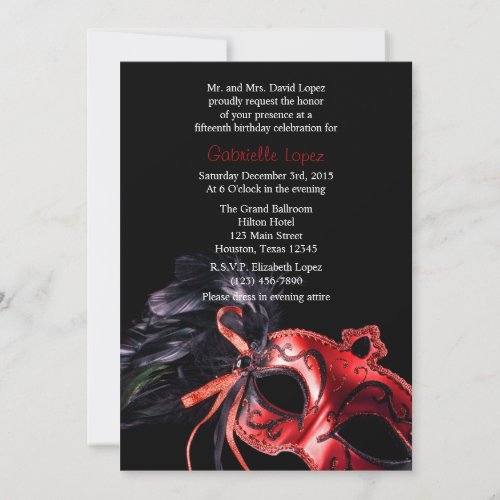 Red Masquerade Quinceanera Ball Gown Invitation