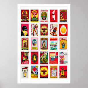 Red matchbox labels Collage, vintage international Poster