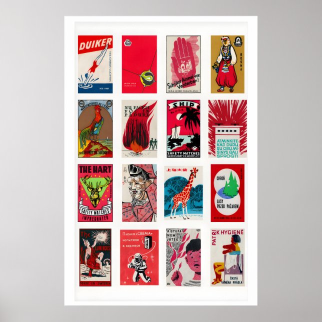 Red Matchbox Labels Grid, Vintage Ephemera Print (Front)