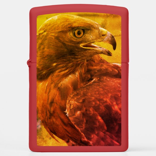 RED MATTE ZIPPO LIGHTER WITH RED TAILED HAWK (Front)