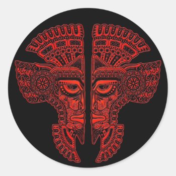 Red Mayan Twins Mask Illusion On Black Classic Round Sticker by JeffBartels at Zazzle
