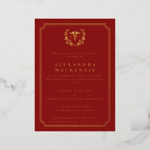 Red MD CaduceusLaurel Wreath Graduation Foil Invitation