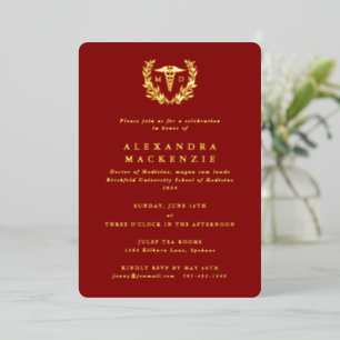 Red MD Caduceus + Laurel Wreath Graduation Foil Invitation