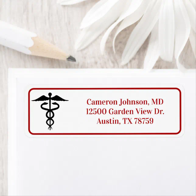 Red Medical Caduceus Doctor Return Address Label | Zazzle