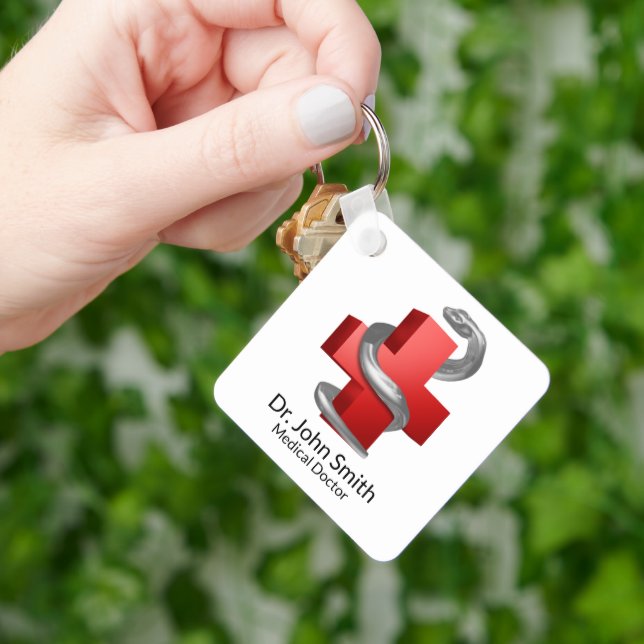 Red Medical Cross Silver Serpent Snake Symbol  Keychain (Hand)