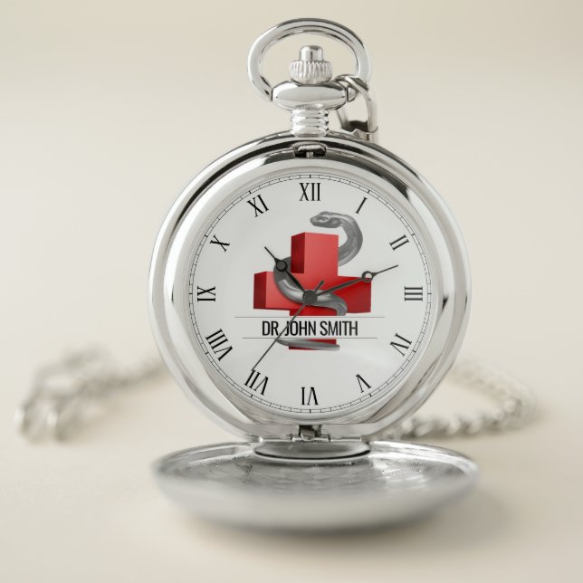 Red Medical Cross Silver Serpent Snake Symbol Name Pocket Watch (Inside)