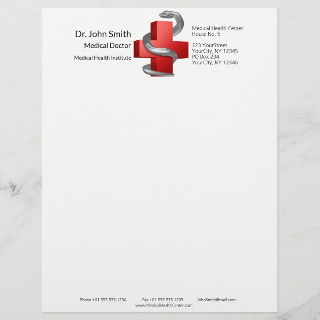 Red Medical Cross Silver Serpent Symbol Snake Letterhead (Front)