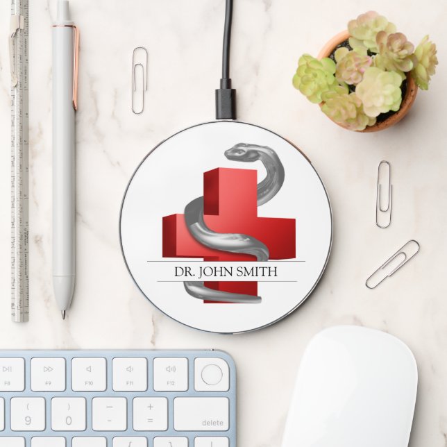 Red Medical Cross Silver Serpent Symbol Snake Wireless Charger (Desk)