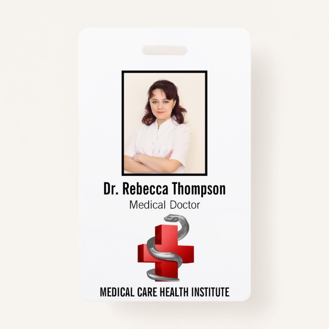Red Medical Cross Silver Symbol Serpent Photo ID Badge (Front)