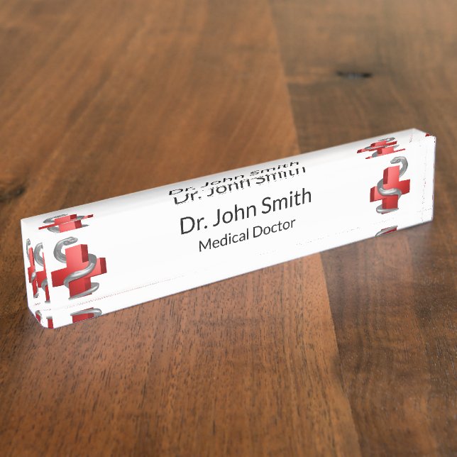 Red Medical Cross Silver Symbol Serpent Snake Desk Name Plate (Side)