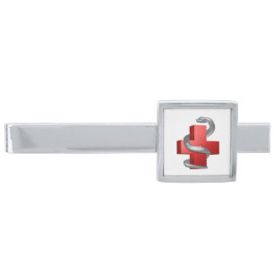 Red Medical Cross Silver Symbol Serpent Snake Finish Tie Bar
