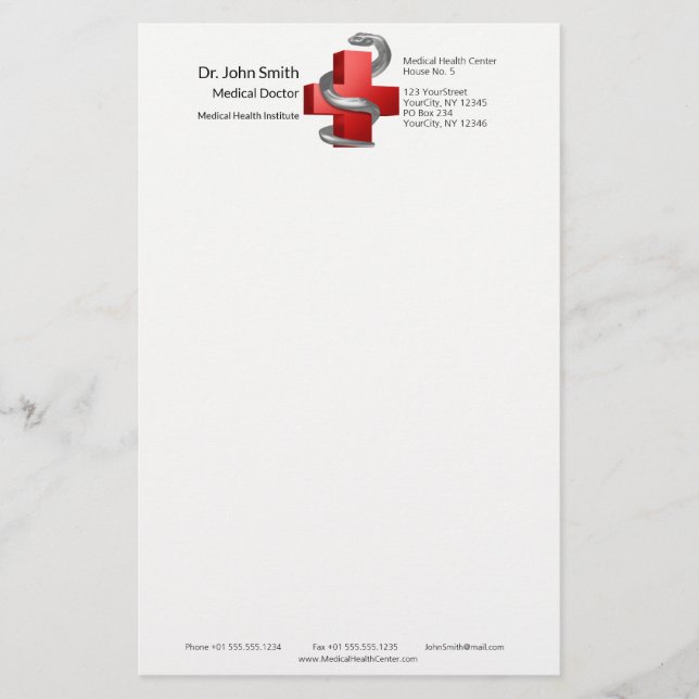 Red Medical Cross Silver Symbol Serpent Snake Stationery (Front)