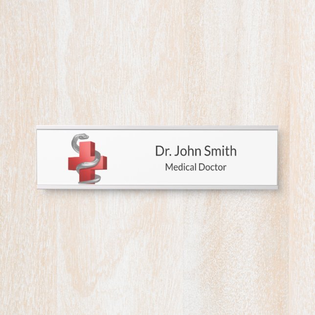Red Medical Cross Symbol Serpent Silver Snake Door Sign (Front)