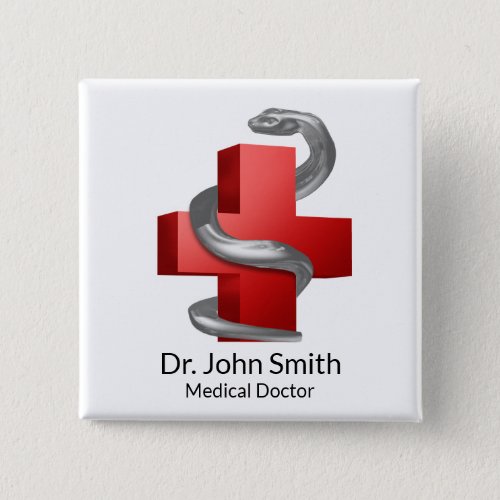 Red Medical Cross Symbol Serpent Snake Silver Button