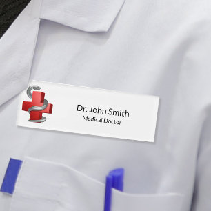 Red Medical Cross Symbol Serpent Snake Silver Name Tag