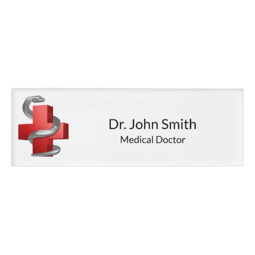 Red Medical Cross Symbol Serpent Snake Silver Name Tag