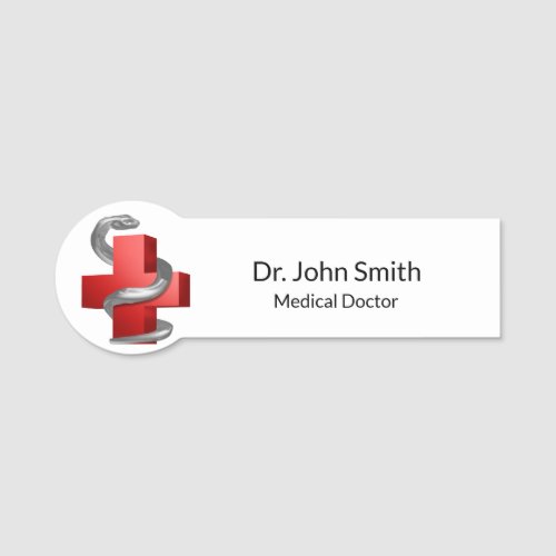 Red Medical Cross Symbol Silver Serpent Snake Name Tag