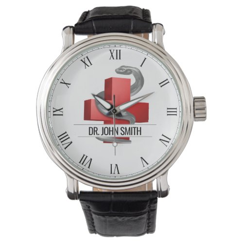 Red Medical Cross Symbol Silver Serpent Snake Name Watch