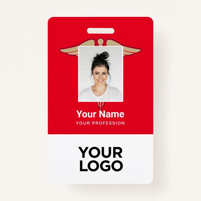 Red Medical Employee Doctor Nurse Photo Name ID Badge (Front)