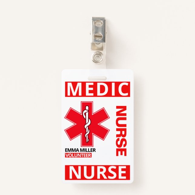 Red Medical Print Nurse Custom Name Employee Badge (Front with Clip)