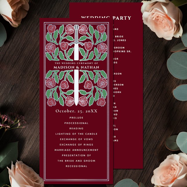 Red Medieval Floral Silver Sword Royal Wedding Program (Creator Uploaded)