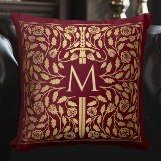 Red Medieval Gold Sword Monogram Throw Pillow