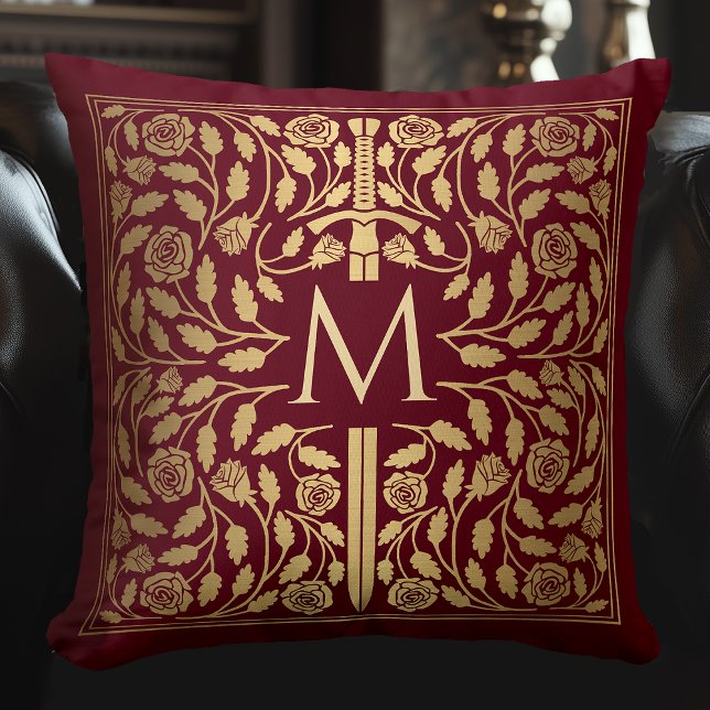 Red Medieval Gold Sword Monogram Throw Pillow (Creator Uploaded)