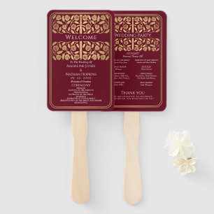 Red Medieval Gold Sword Royal Wedding Program Hand Fan